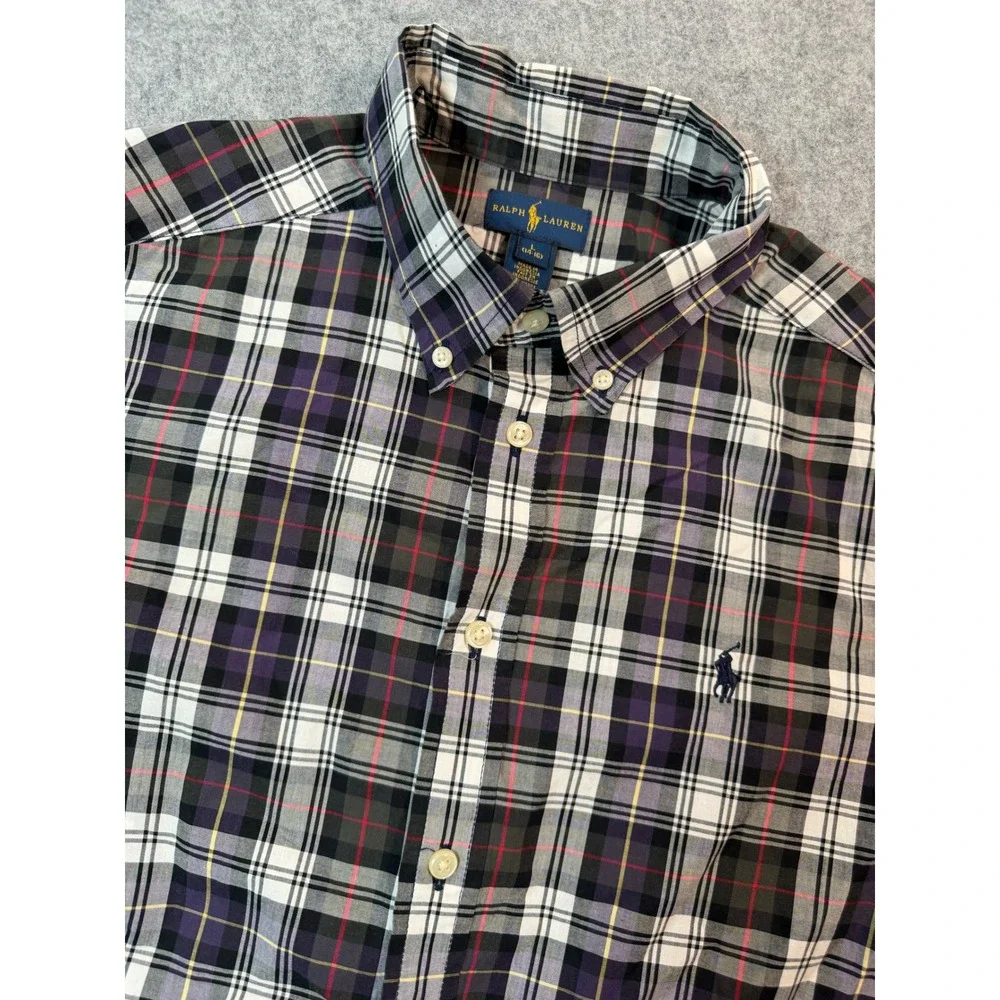 Ralph Lauren Kids Boys L 14-16 Plaid Button Down Shirt Purple Black Long Sleeve